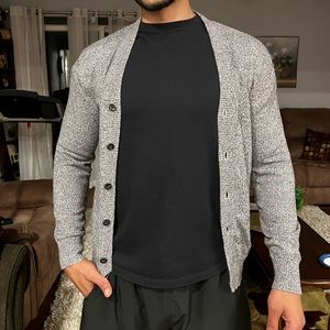 Gray cardigan knit sweater v-neck with buttons by Wilkens Bros